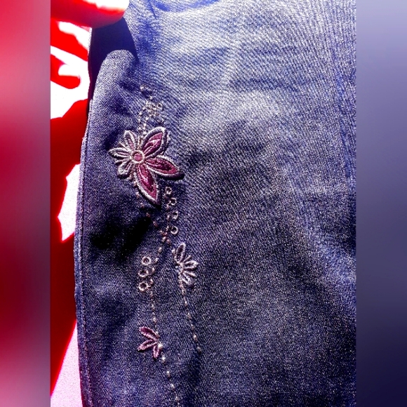 Embellished wide leg pleated jeans w/ leather pockets - Picture 3 of 13